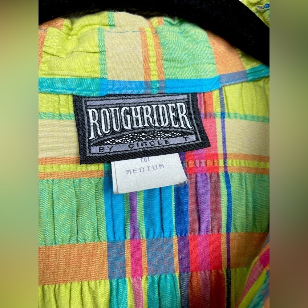 VTG Junior's Medium Roughrider by Circle K Rainbow Plaid Collared Shirt Smocked - Picture 3 of 16